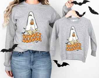 Sweat-shirt de saison effrayante, sweat-shirt fantôme, sweat-shirts d'automne, tenues d'Halloween pour maman et moi, jolies chemises assorties, pulls à col rond confortables