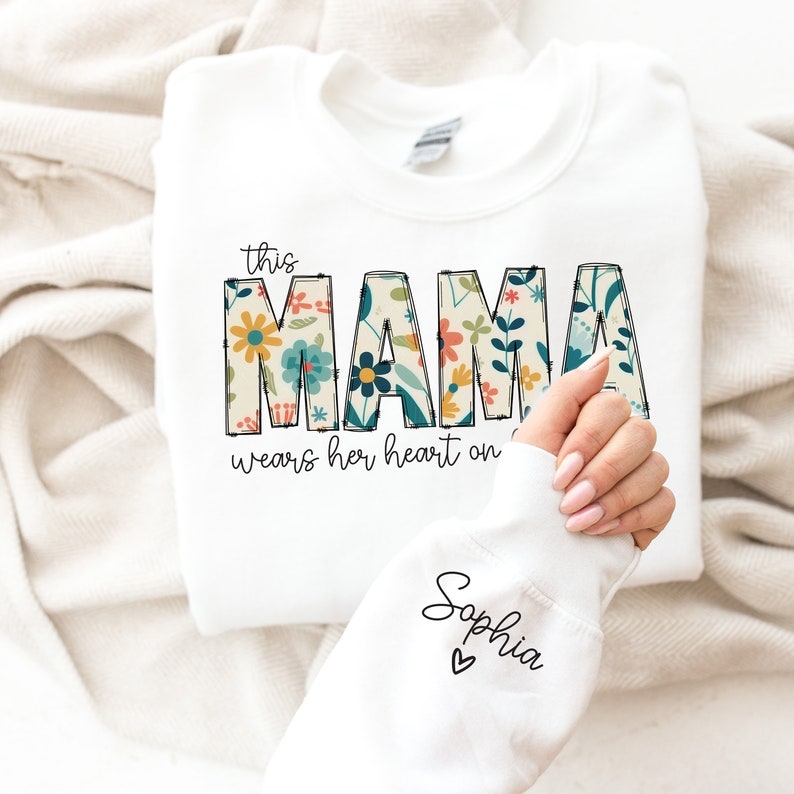 I Wear My Heart On My Sleeve Sweatshirt, Mothers Day Shirt, Mama Sweatshirt with Kids Name on Sleeve, Personalized Mother Day Gift for Mom image 2