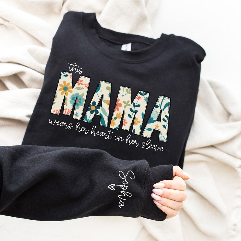 I Wear My Heart On My Sleeve Sweatshirt, Mothers Day Shirt, Mama Sweatshirt with Kids Name on Sleeve, Personalized Mother Day Gift for Mom image 3