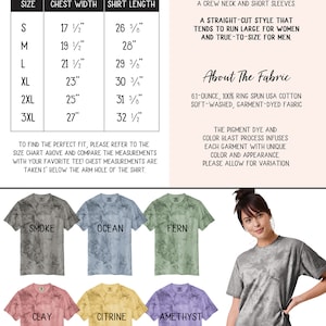 May include: A size chart for a heavyweight colour blast tee, showing chest width and shirt length measurements in inches. The chart includes sizes S, M, L, XL, 2XL, and 3XL. The tee is available in a variety of colours, including smoke, ocean, fern, clay, citrine, and amethyst. The text "COMFORT COLORS&reg;" and "HELLO HANDPRESSED" is also visible.