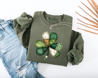 Faux Patchwork Shamrock Sweatshirt, St Patrick's Day Oversized Crewneck, Unisex S-4XL, Adult & Kids, Gift For Her, Teacher, Cute Shamrock