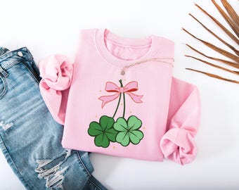 Lucky Shamrock Sweatshirt, St Patrick's Day Oversized Crewneck, Unisex S-4XL, Adult & Kids Sizes, Tote Bag, Gift For Her, Pink Bow, Coquette