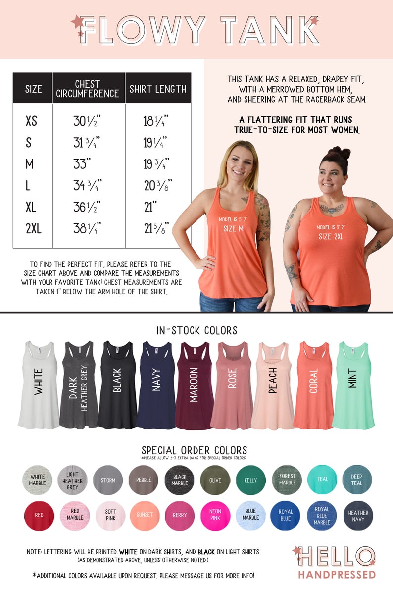 K&ouml;nnte beinhalten: Eine Gr&ouml;&szlig;entabelle f&uuml;r ein flie&szlig;endes Tanktop mit lockerer Passform. Die Tabelle zeigt den Brustumfang und die Shirtl&auml;nge in Zoll f&uuml;r die Gr&ouml;&szlig;en XS bis 2XL. Das Tanktop ist in verschiedenen Farben erh&auml;ltlich, darunter Wei&szlig;, Dunkelgrau meliert, Schwarz, Marineblau, Rotbraun, Rosa, Pfirsich, Koralle und Mint. Der Text "Hello Handpressed" befindet sich am unteren Rand der Tabelle.