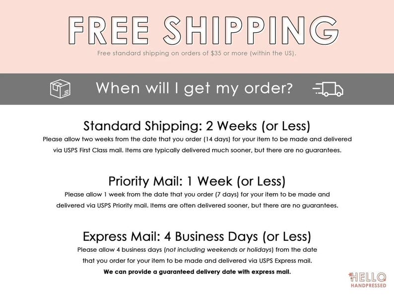May include: A graphic with information about shipping options and delivery times for orders. The text includes "Free Shipping", "Standard Shipping: 2 Weeks (or Less)", "Priority Mail: 1 Week (or Less)", and "Express Mail: 4 Business Days (or Less)".