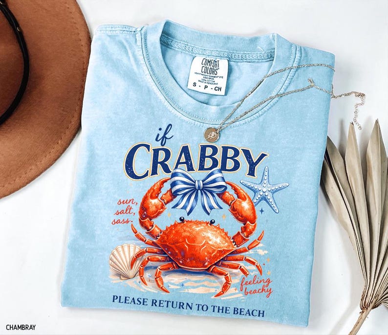 May include: Light blue t-shirt with a crab graphic and the text "if Crabby, Please Return to the Beach." The graphic includes a crab, bow, starfish, and seashell. A silver necklace is draped across the shirt.