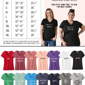 May include: A size chart for women's v-neck t-shirts with measurements in inches. The chart shows chest to fit and shirt length for sizes XS to 4XL. The image also shows a variety of t-shirt colors, including red, maroon, rose, peach, purple, white, black, kelly green, dusty sage, turquoise, navy, grey frost, and light heather grey. The text "HELLO HANDPRESSED" is at the bottom of the image.