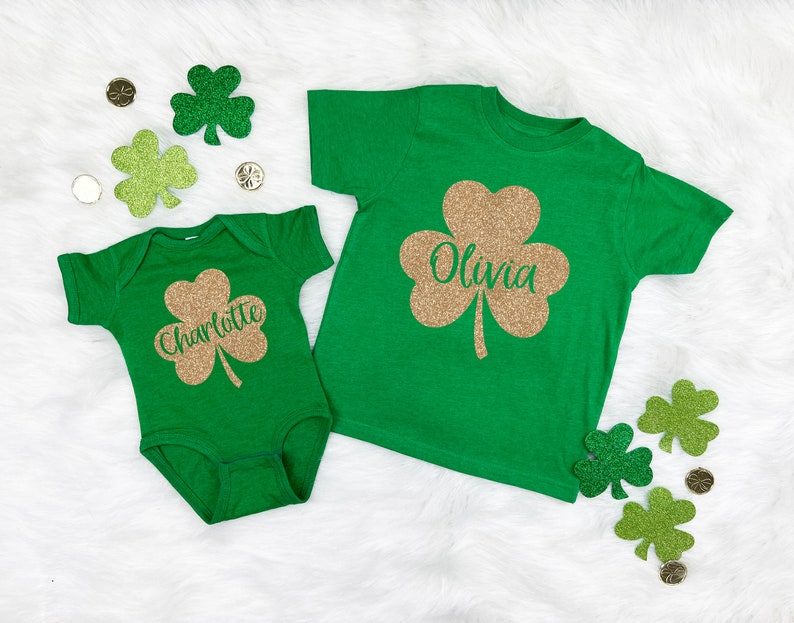 Kids St Patricks Day Shirt, Custom St Patricks Day Sweatshirt, Girls Personalized Glitter Shamrock TShirt, St Patrick for Toddler Baby Youth image 5