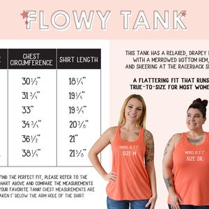 May include: Size chart for a flowy tank top with measurements in inches. The chart shows chest circumference and shirt length for sizes XS to 2XL. The tank top is described as having a relaxed, drapey fit with a merrowed bottom hem and sheering at the racerback seam. Two models are shown wearing the tank top, one in size M and one in size 2XL.