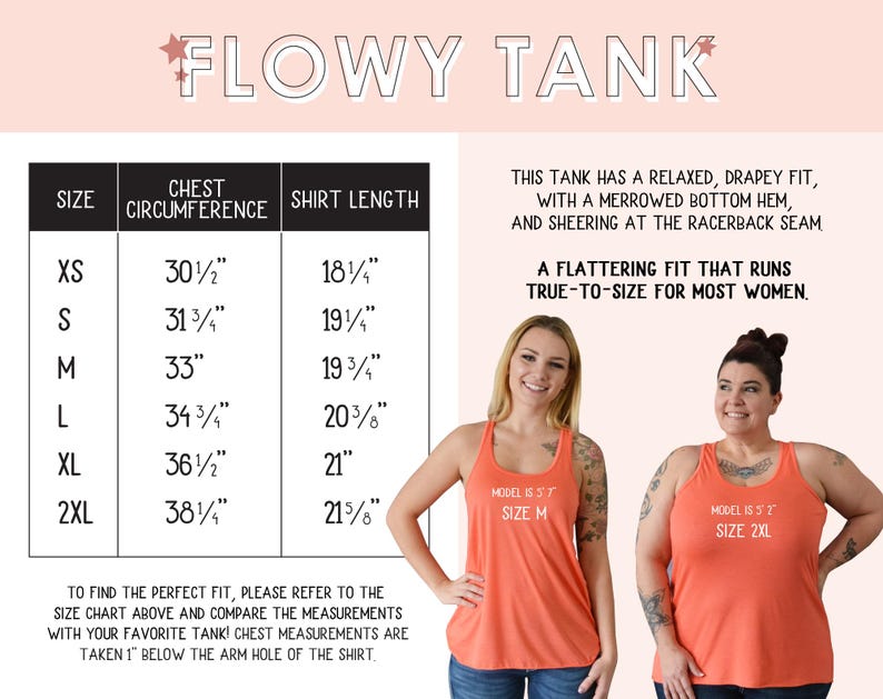 May include: Size chart for a flowy tank top with measurements in inches. The chart shows chest circumference and shirt length for sizes XS to 2XL. The tank top is described as having a relaxed, drapey fit with a merrowed bottom hem and sheering at the racerback seam. Two models are shown wearing the tank top, one in size M and one in size 2XL.