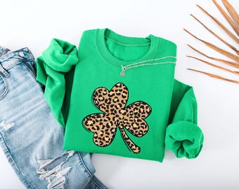 Leopard Print Shamrock Sweatshirt, St Patrick's Day Sweatshirt, Unisex, 2XL, 3XL, 4XL, Kids options or tote, St Paddys Day For Her, Teacher