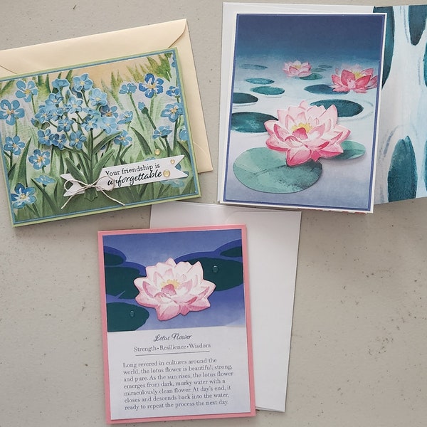 3 Handmade Greeting Cards, Stampin'Up! Paper Pumpkin Alternatives August 2023 "Meaningful Flowers" with envelopes Lotus Birthdays