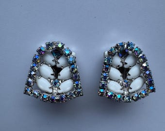 Lovely Continental blue aurora borerealis and white rhinestone clip on earrings