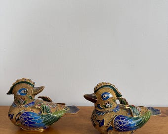 cloisonné enameled birds statue set of two