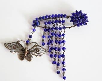 Unique antique filigree butterfly pin brooch with deep blue glass beads
