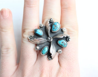Vintage four stones turquoise sterling silver ring native signed