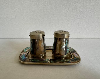 Vintage abalone and alpaca salt and pepper set with plate