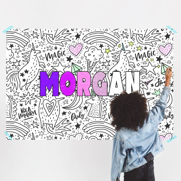 Coloring Poster for Kids with Name, Large Unicorn Coloring Banner for Wall, Personalized Custom Name Girls Activity Game Coloring (CUP780)