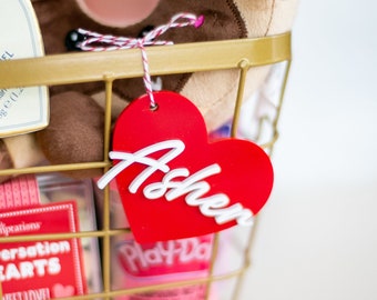 Valentine's Name Tags Acrylic Basket tags for Kids Gift Tags for Sweet Valentine's Day Gift Basket, Hanging Tags Acrylic Hearts with Names