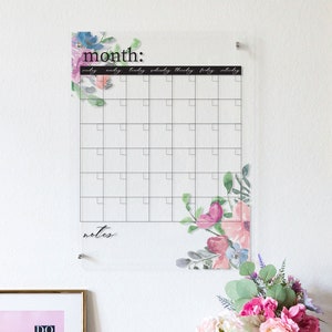 Clear Wall Calendar Dry Erase Calendar for Wall, Floral Style Home Office Wall Decor Clear Acrylic Family Comman Center - CFR699