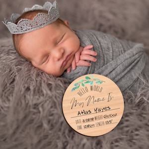 Baby Announcement Wooden Circle, New Baby Stats Card Wooden Circle Baby Name Sign, Newborn Photos Birth Announcement, Hospital Sign (BBY341)
