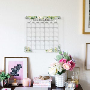 Clear Wall Calendar Dry Erase Calendar for Wall, Floral Style Dorm Room Home Office Wall Decor Clear Acrylic Family Comman Center - CFR699