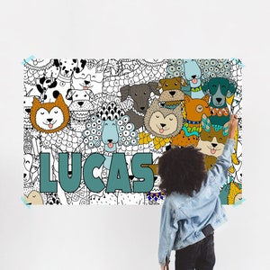 Cat Coloring Poster for Kids with Name, Large Coloring Banner, Dog Puppy Theme Personalized Name Kids Activity Game Coloring (CDG780)