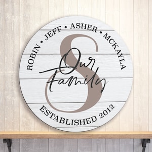 Signo de apellido círculo de madera, decoración de la pared signo establecido personalizado regalo de bienvenida padres mamá papá, círculo de madera monograma (FNC242)