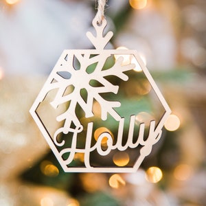 Christmas Ornament Personalized with Name, Snowflake Ornament, Wooden Holiday Decor, Name Tag, Stocking Tag or Ornament  (Item - SFL202)
