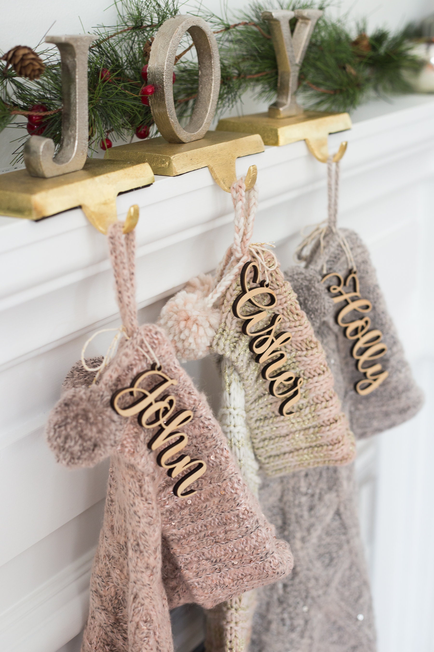 Christmas Stockings Name Tags Wooden Names for Stocking, Family Personalized Stocking Tag Decor for Holidays, Rustic Chic (Item - STS200)