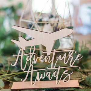 Sign for Nursery Baby Shower or Party Wooden Adventure Awaits Plane Themed Rustic Adventure Baby Ideas Shelf or Table Decor Item AAW200 image 2
