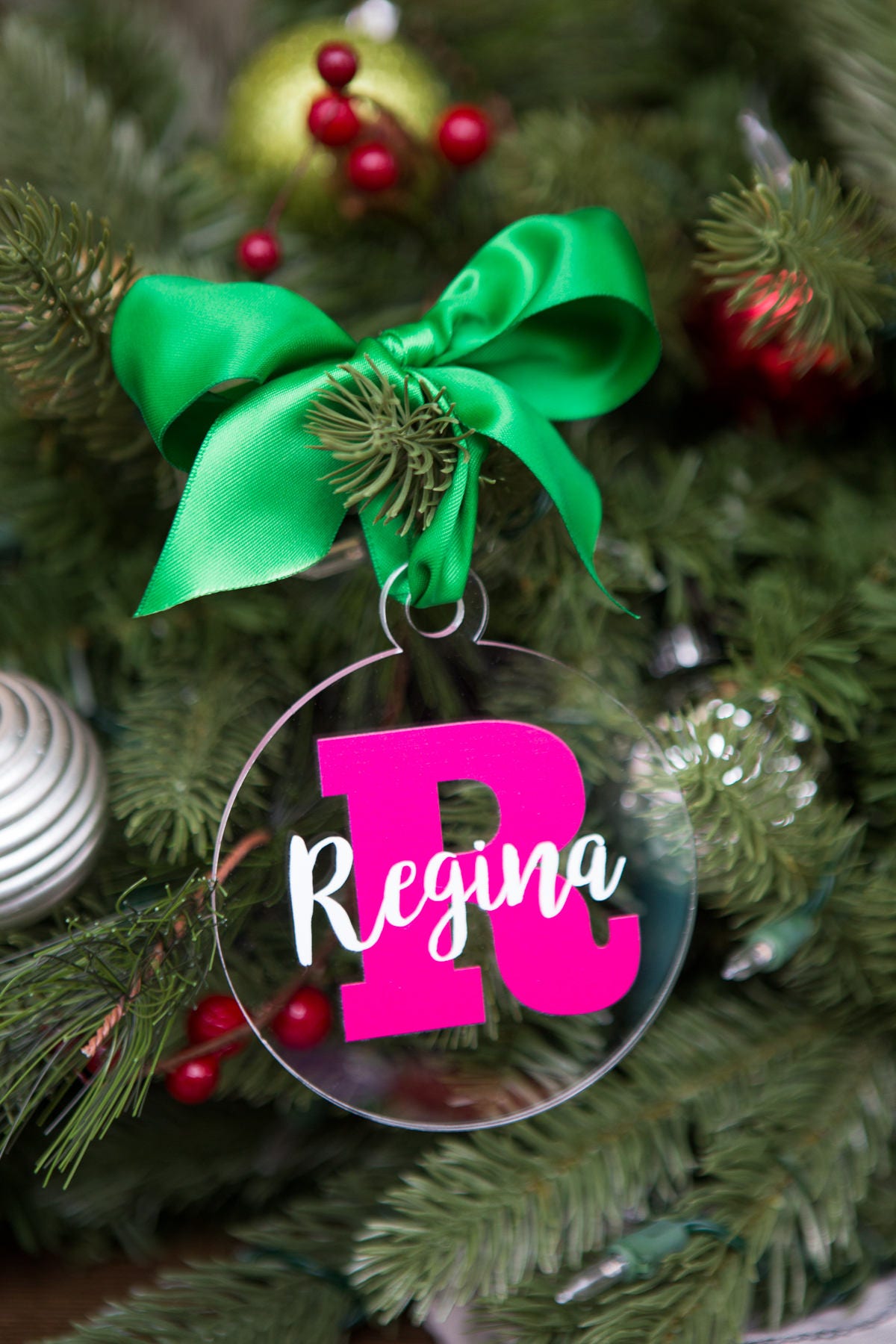 Christmas Decor Place Cards Clear Acrylic 3 Ornaments With Custom Lettering Name Plates