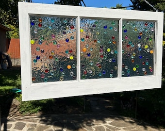 Faux Stained Glass Window, Flat Gems Stained Glass Window, Painted White Window, Old Wood Window, Flat Marbles, Stained Glass Window