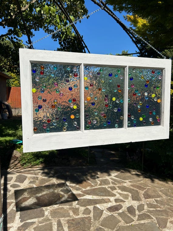 Faux Stained Glass Window, Flat Gems Stained Glass Window, Painted White Window, Old Wood Window, Flat Marbles, Stained Glass Window