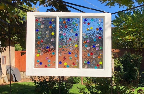 Faux Stained Glass Window, Flat Gems Stained Glass Window, Painted White Window, Old Wood Window, Flat Marbles