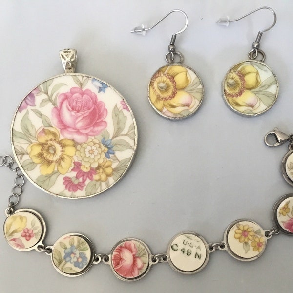 Flower broken china jewelry set #375