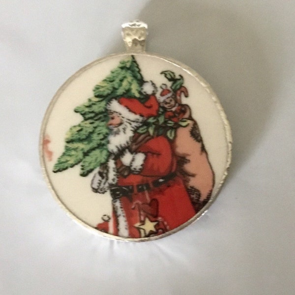 Santa broken china necklace # 343