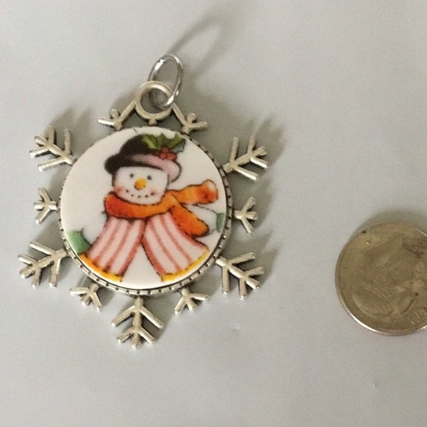 Snowman broken china pendant # 191