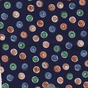 BLUE BUTTON FABRIC  Cotton Fabric, Navy Background with Multi-Colored Buttons Quilt Fabric Dress Material Sewing Fabric 3 Yards 45&quot; Wide