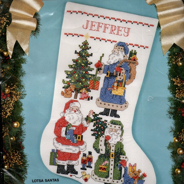 Bucilla Stocking Kit Stamped Cross Stitch Lotsa Santas Complete Kit