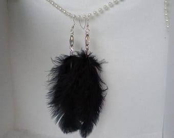 Whimsical fae fairy accessories Dangle drop black feather gem silver statement earrings