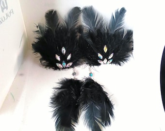 Black Feather fan pasties dangle drop statement earrings burlesque festival accessory
