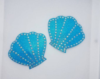 Blue Seashell nipple pasties add tassels sexy burlesque festival stripper showgirl reusable