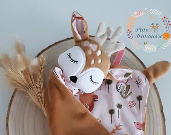 Baby comforter doe fawn deer minky and cotton fabric Oeko Tex customizable handmade birth gift