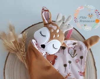 Doudou bébé biche faon cerf minky et tissu coton Oeko Tex cadeau naissance fait main personnalisable