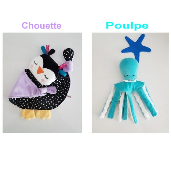 Doudou chouette ou poulpe Oeko Tex bébé cadeau naissance fait main originale