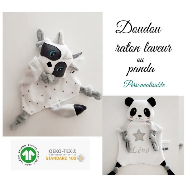 Doudou peluche raton laveur Oeko Tex création artisanale