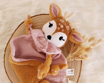 Doudou bébé biche faon cerf fausse fourrure camel double gaze Bio Oeko Tex cadeau naissance fait main personnalisable prénom