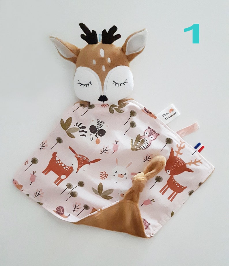 Doudou biche, faon personnalisable tissus OEKO-TEX création artisanale bébé cadeau naissance Tissu N°1