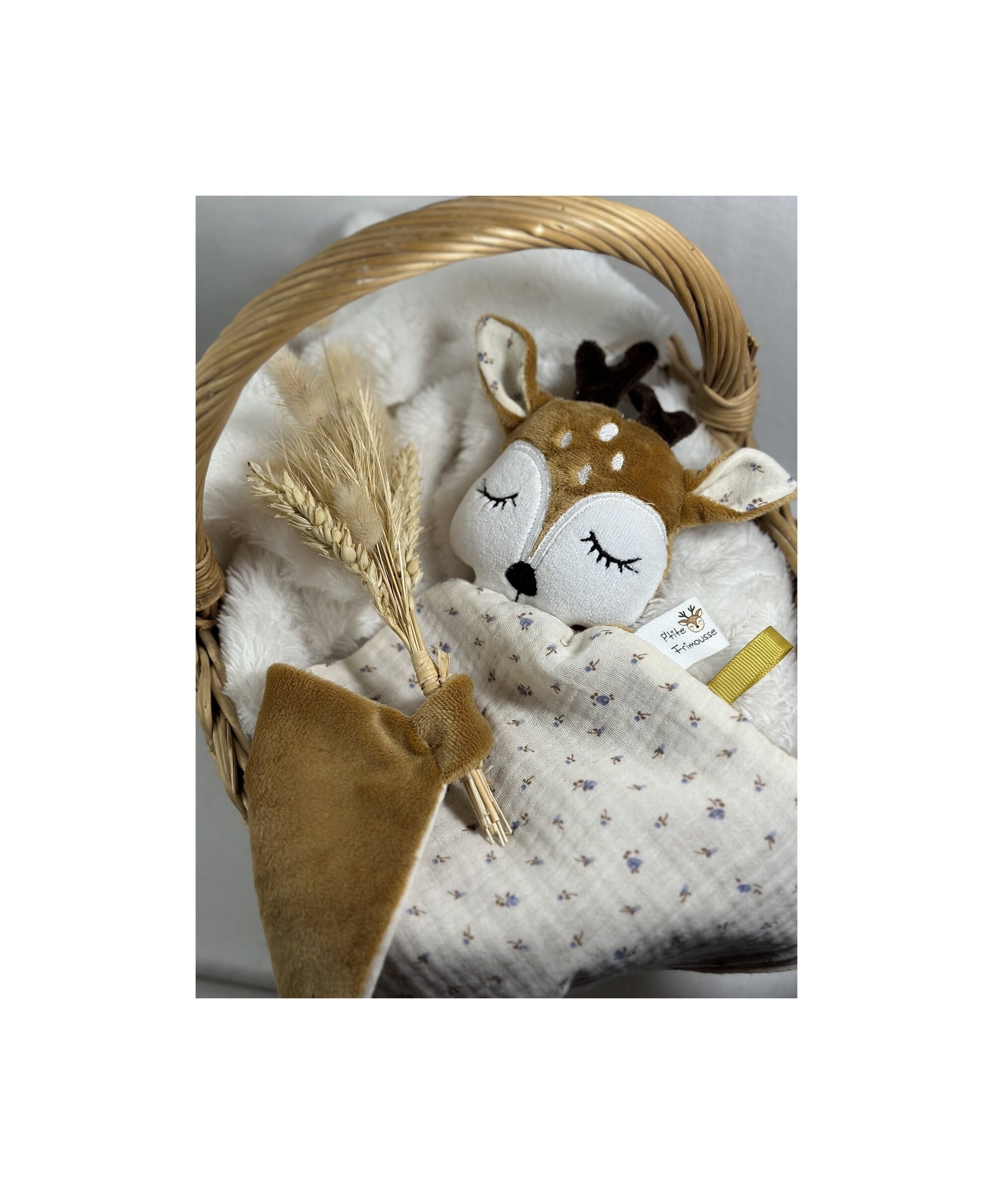 Doudou bébé biche faon cerf minky double gaze Bio Oeko Tex cadeau naissance  fait main personnalisable -  France