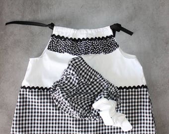 Ensemble 12/18  mois robe tunique et culotte en vichy noir et blanc 100%coton.